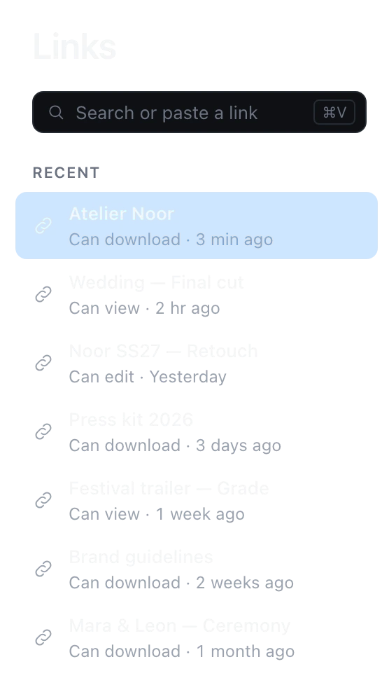 The Links tab listing folders opened from links, with what each one allows.